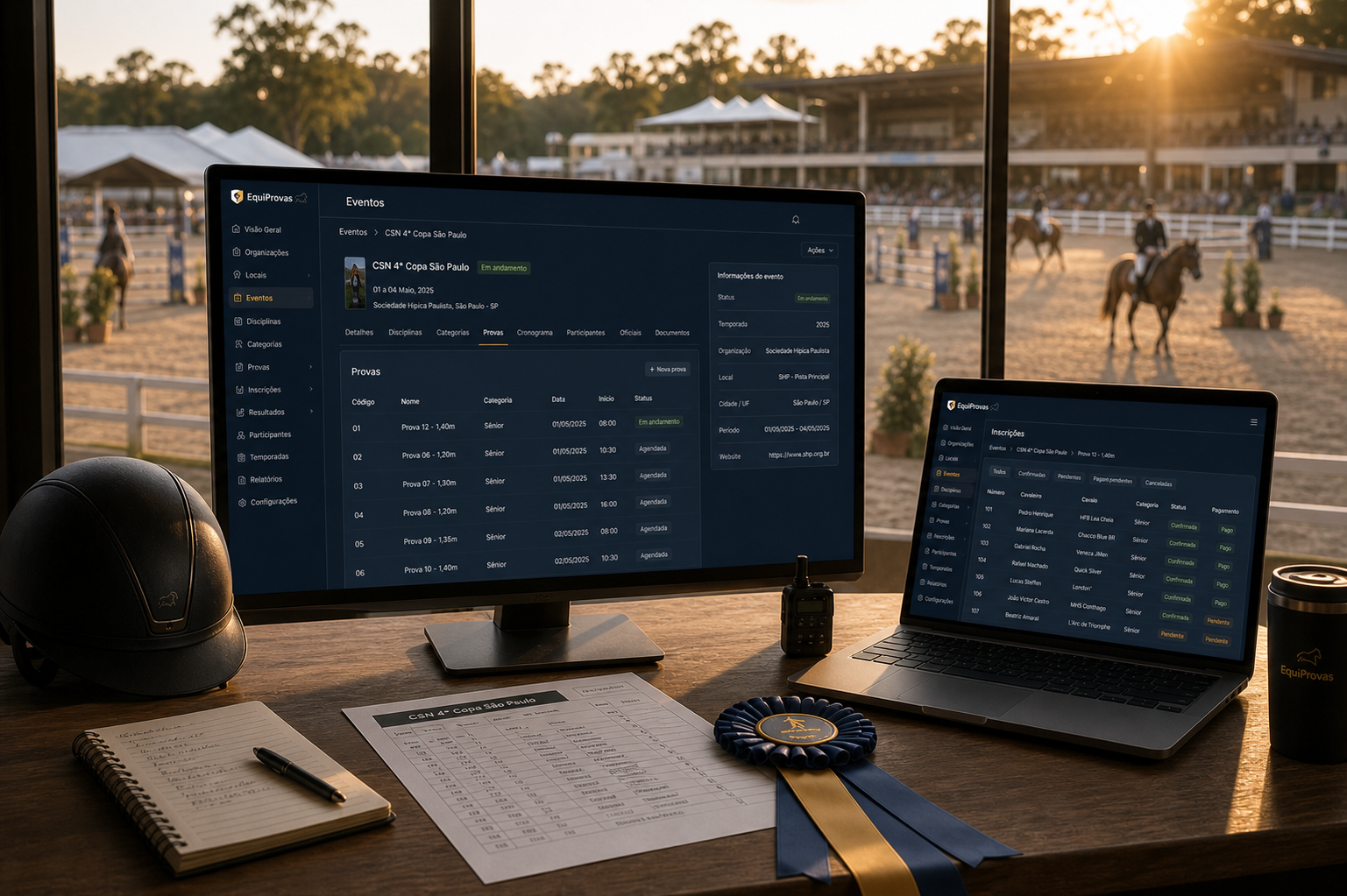 Interface operacional do EquiProvas exibida em monitor e notebook com uma arena equestre ao fundo